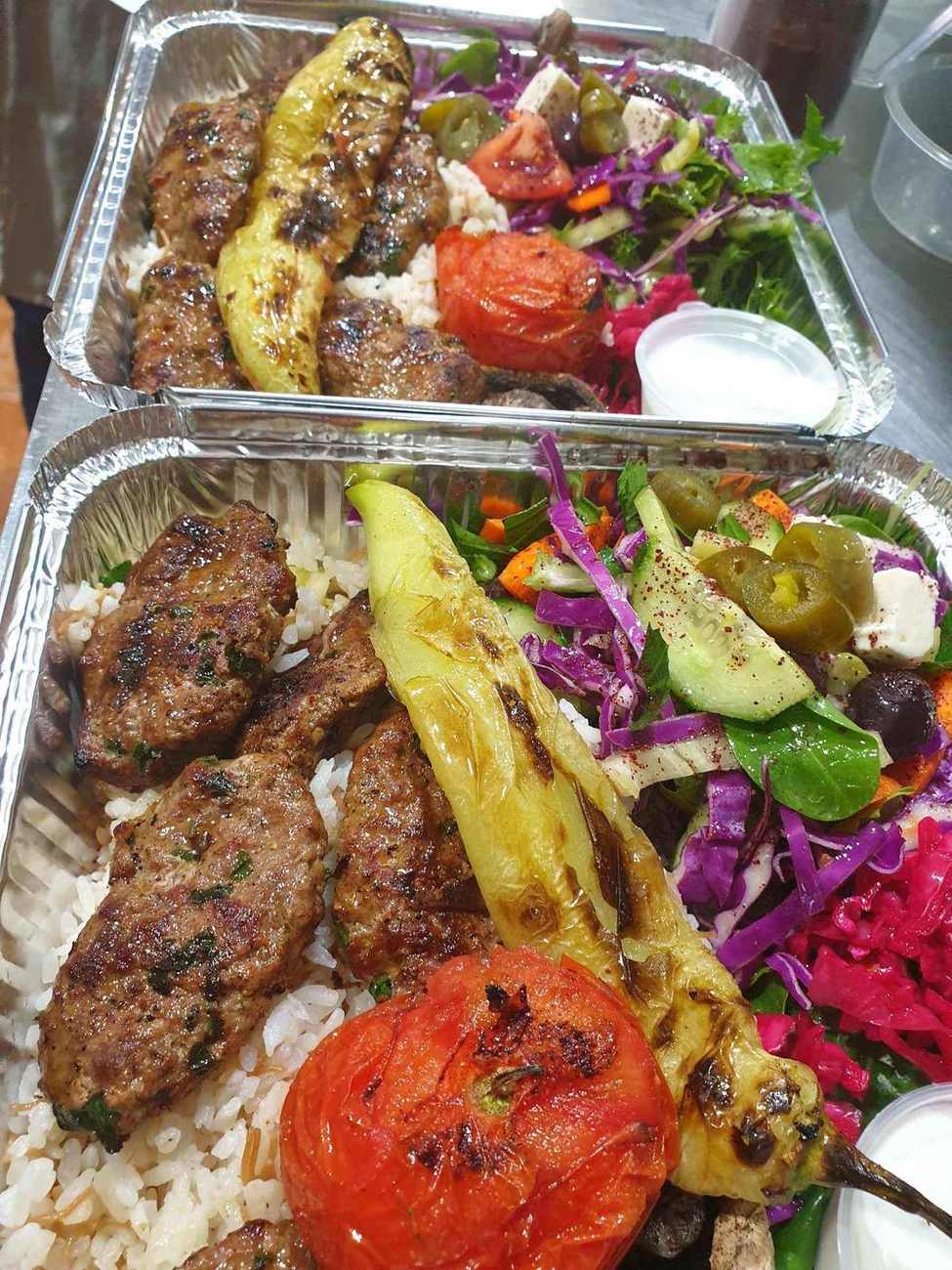 Kofte packs with rice, salad and grilled chilli